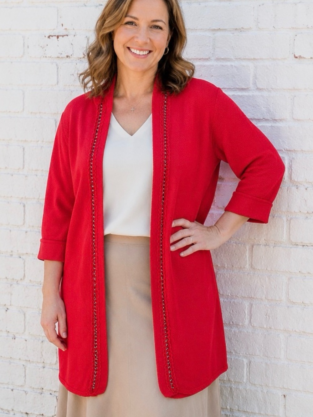 Vintage Chicos Cardigan Sweater Womens Size 2 Large Red Long Open Front Holiday